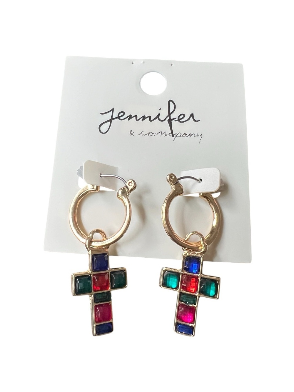 Jennifer Gold Hoop Cross Earrings with Multicolor Stones